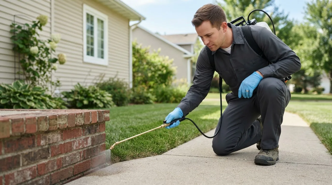 Pest control technician treating a home near Lizella, GA